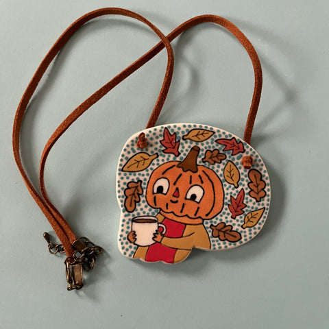 Ceramic Hand Built Necklace Pumpkin Coffee