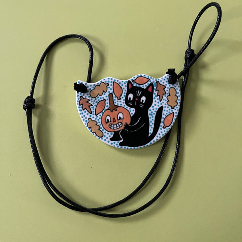 Ceramic Hand Built Necklace Cat Pumpkin