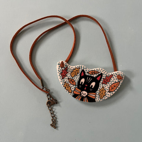 Ceramic Hand Built Necklace Fall Cat