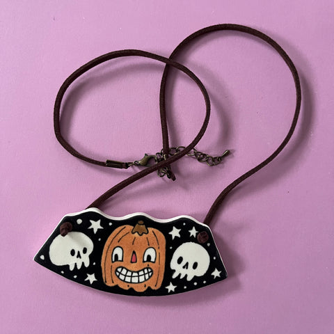 Ceramic Hand Built Necklace Skull Pumpkin