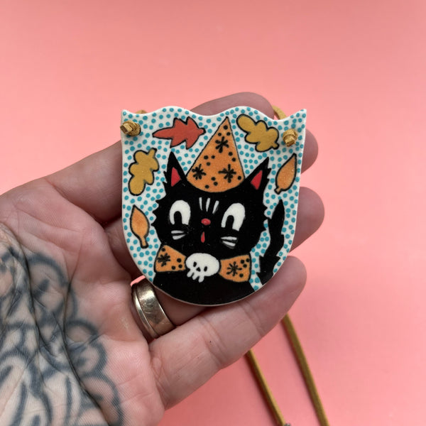Ceramic Hand Built Necklace Halloween Cat