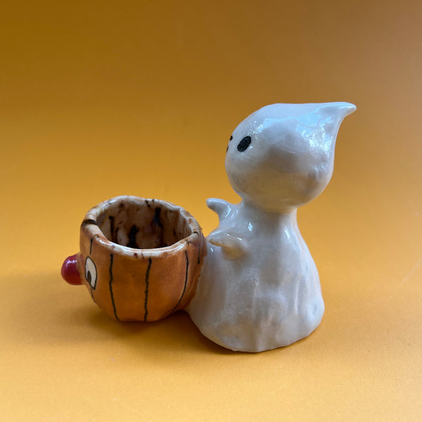 Ceramic Hand Built Ghost Pumpkin Figure