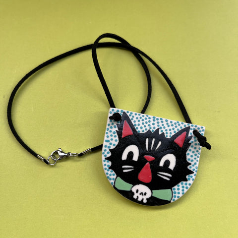 Ceramic Hand Built Necklace Halloween Cat