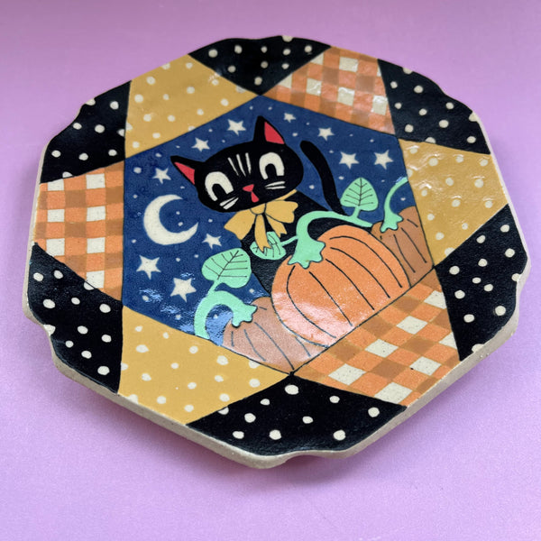 Ceramic Hand Built Pumpkin Patch Cat Plate