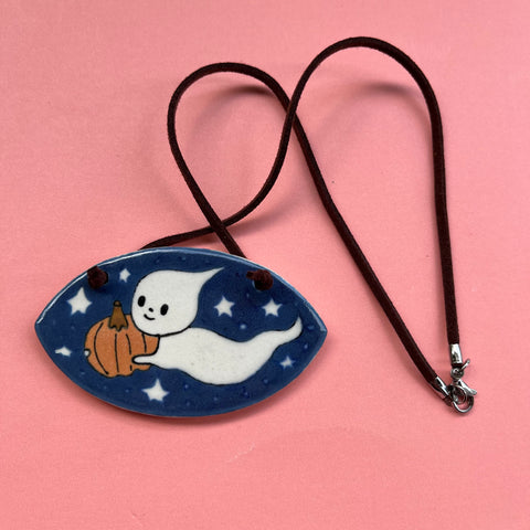 Ceramic Hand Built Necklace Pumpkin Ghost