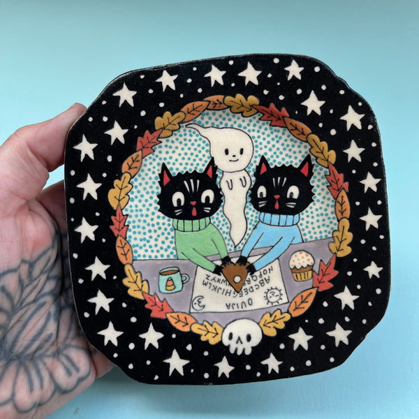 Ceramic Hand Built Ouija Cats Plate