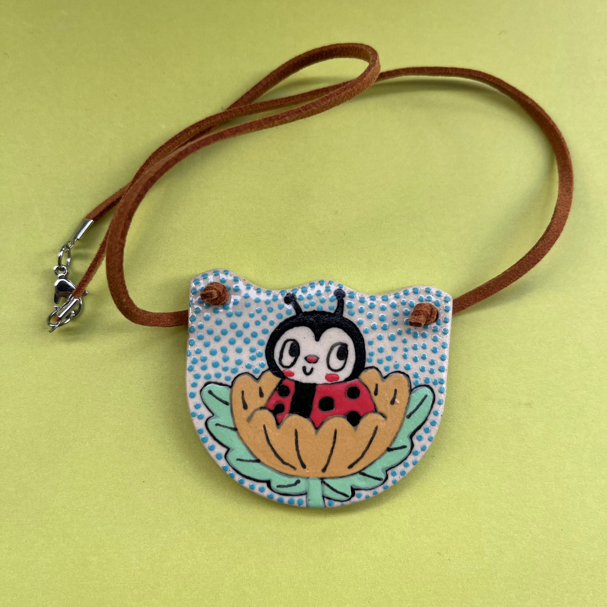 Ceramic Hand Built Necklace Happy Ladybug
