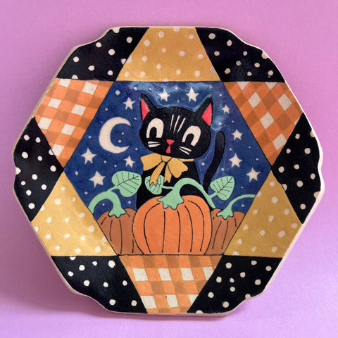 Ceramic Hand Built Pumpkin Patch Cat Plate