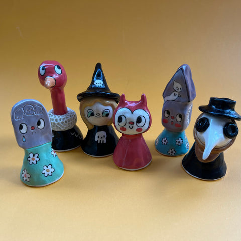 Ceramic Hand Built Devil Witch Vulture Haunted House Plague Doctor Bell