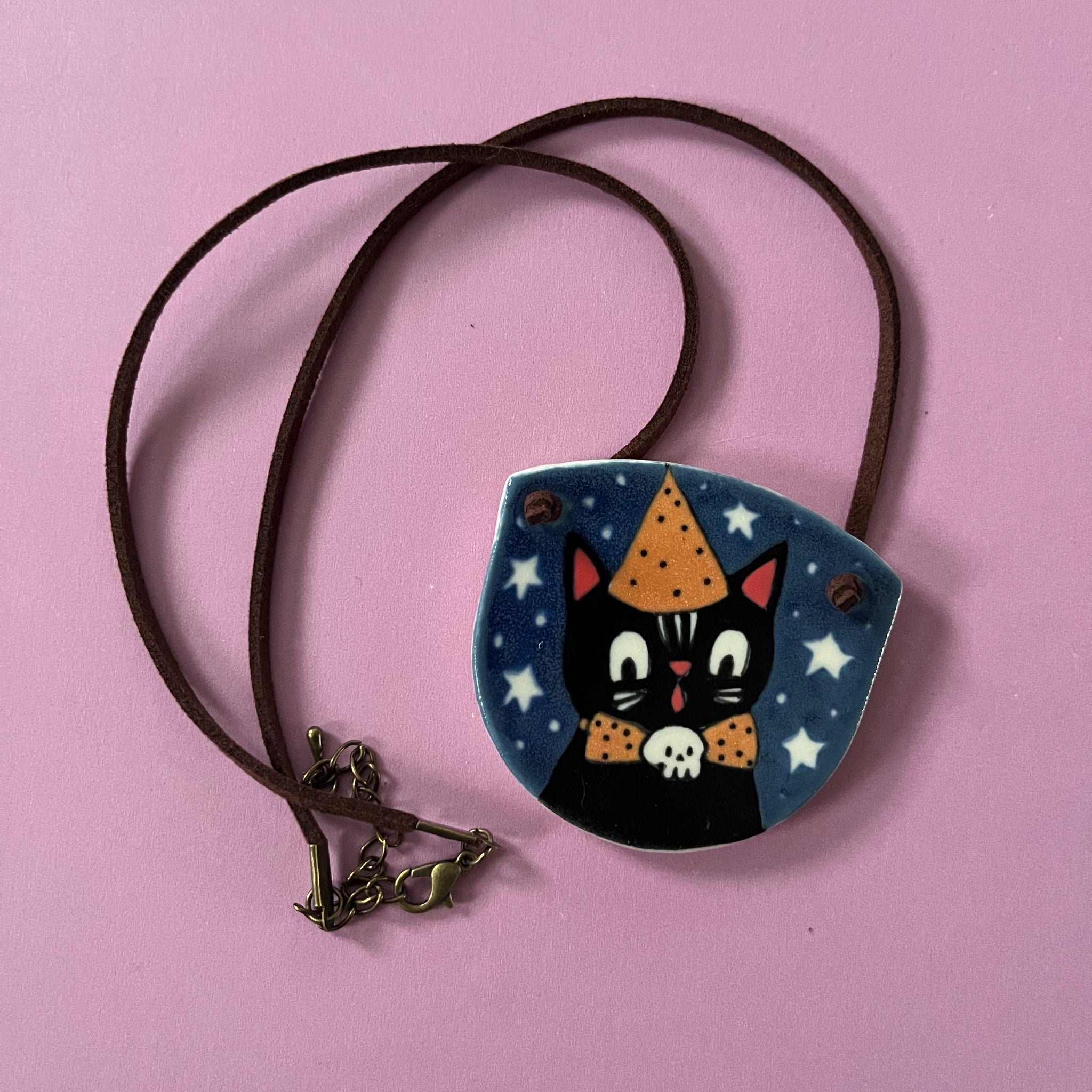 Ceramic Hand Built Necklace Halloween Cat