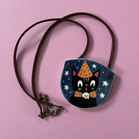 Ceramic Hand Built Necklace Halloween Cat