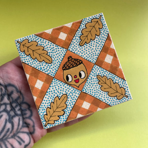 Ceramic Hand Built Tile Happy Acorn