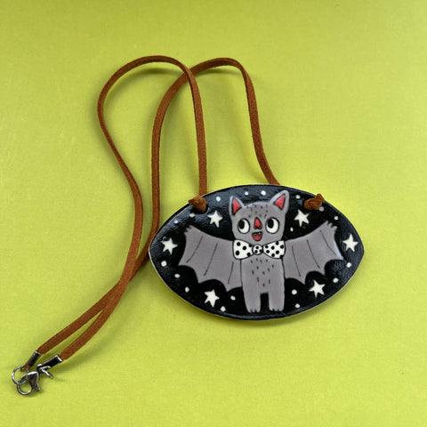 Ceramic Hand Built Necklace Happy Bat