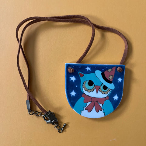 Ceramic Hand Built Necklace Witch Owl