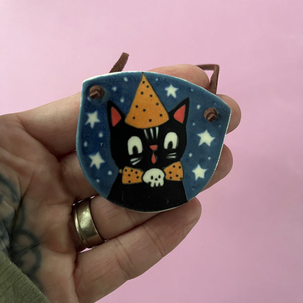 Ceramic Hand Built Necklace Halloween Cat