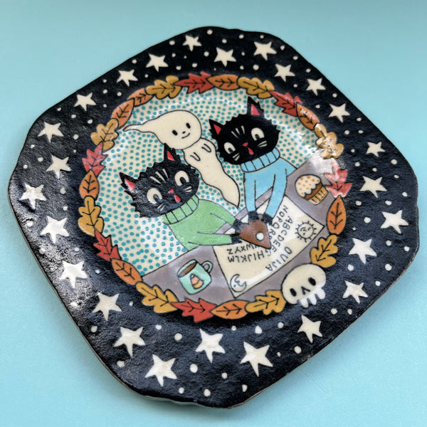 Ceramic Hand Built Ouija Cats Plate