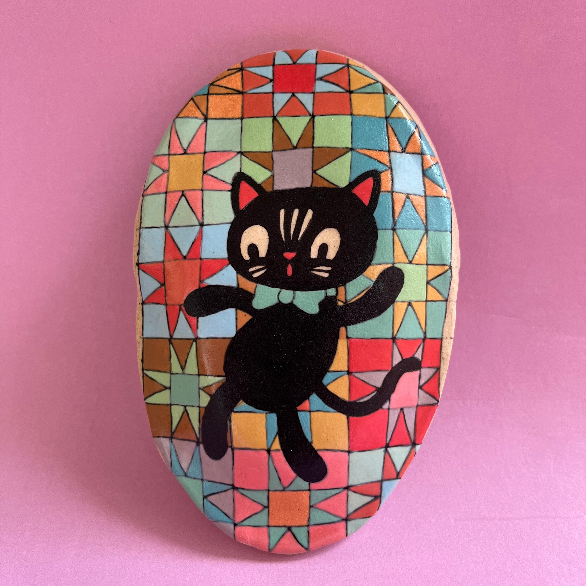 Ceramic Hand Built Quilt Cat Wall Hanging