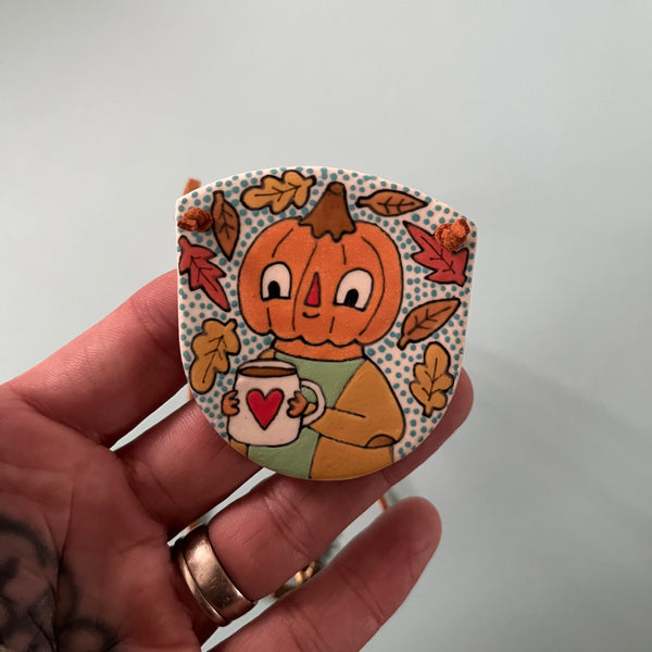 Ceramic Hand Built Necklace Pumpkin Coffee