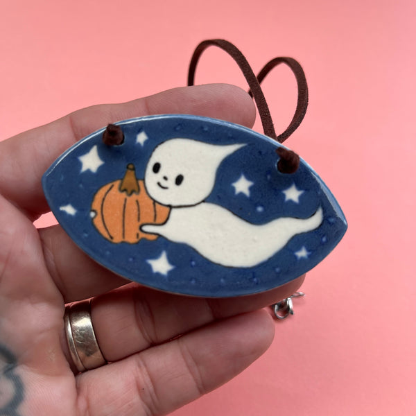 Ceramic Hand Built Necklace Pumpkin Ghost