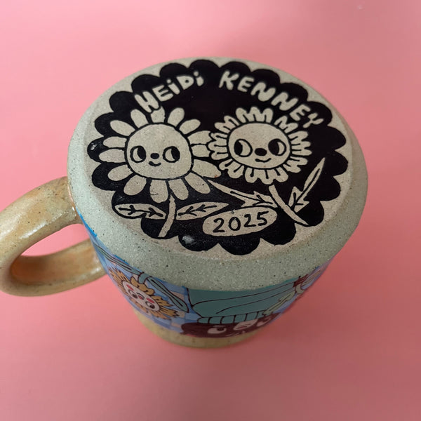 Ceramic Wheel Thrown Mug Cat Flowers 11.5oz