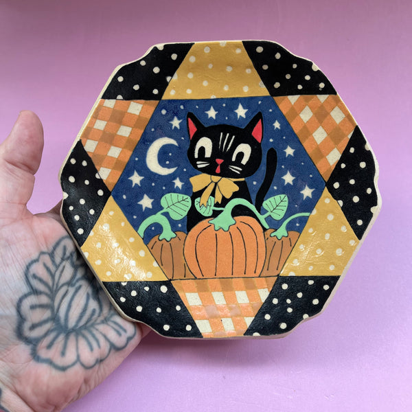 Ceramic Hand Built Pumpkin Patch Cat Plate
