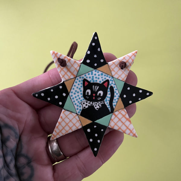 Ceramic Hand Built Necklace Quilt Cat