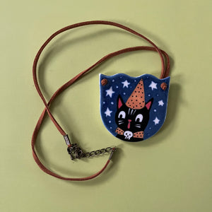 Ceramic Hand Built Necklace Halloween Cat