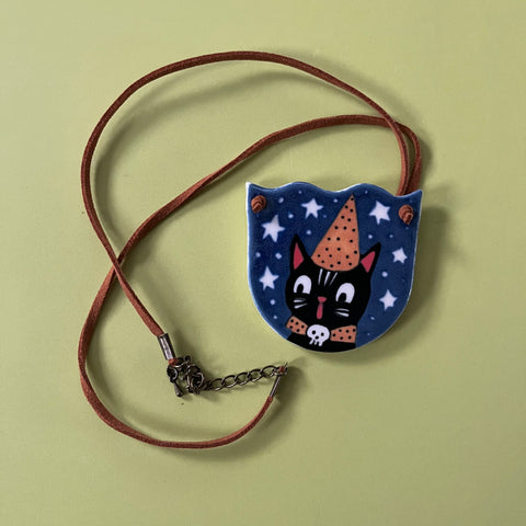 Ceramic Hand Built Necklace Halloween Cat