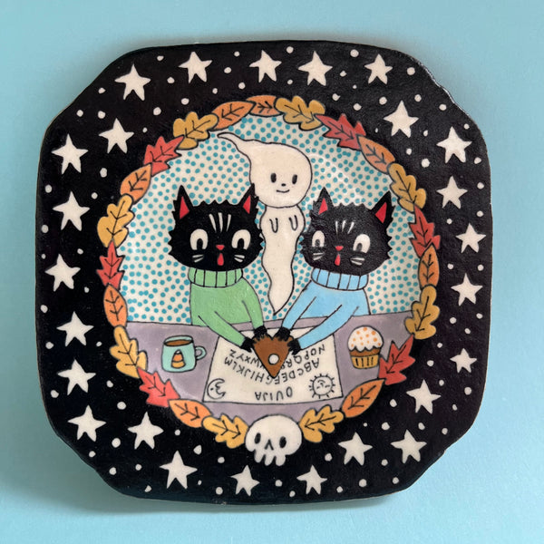 Ceramic Hand Built Ouija Cats Plate