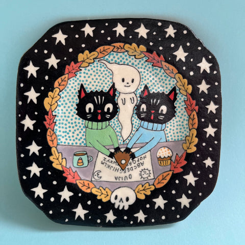 Ceramic Hand Built Ouija Cats Plate