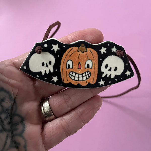 Ceramic Hand Built Necklace Skull Pumpkin