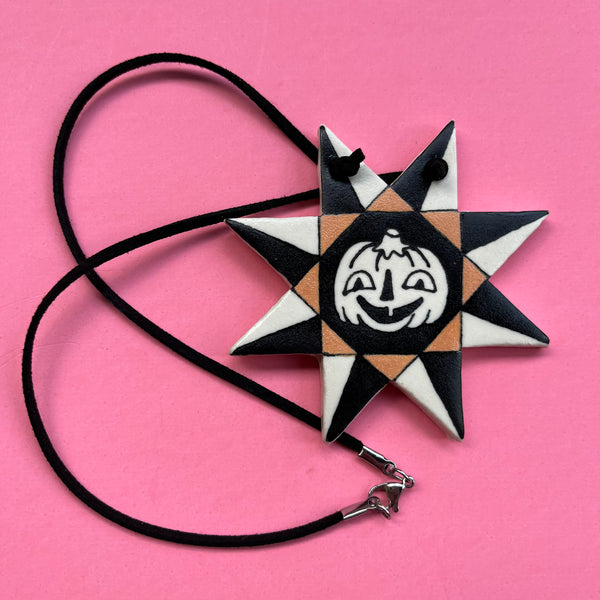 Ceramic Hand Built Necklace Happy Pumpkin