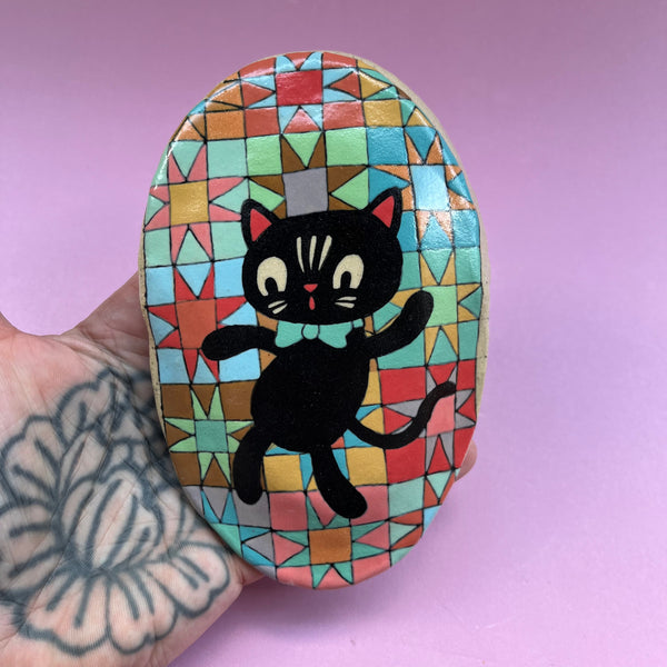Ceramic Hand Built Quilt Cat Wall Hanging