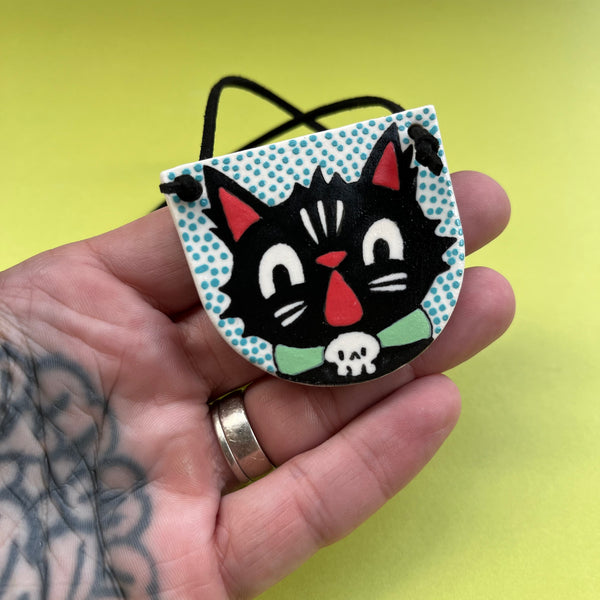 Ceramic Hand Built Necklace Halloween Cat