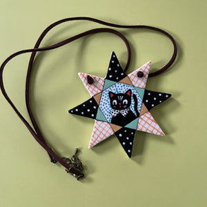 Ceramic Hand Built Necklace Quilt Cat