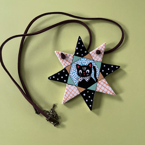 Ceramic Hand Built Necklace Quilt Cat