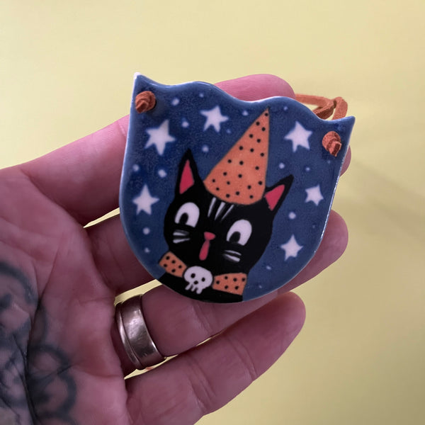 Ceramic Hand Built Necklace Halloween Cat