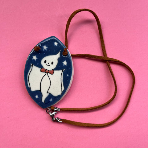 Ceramic Hand Built Necklace Happy Ghost