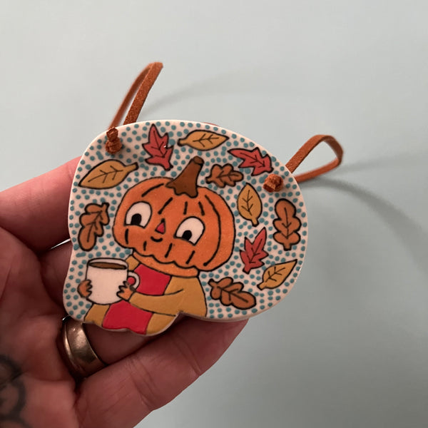 Ceramic Hand Built Necklace Pumpkin Coffee