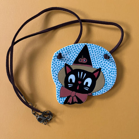 Ceramic Hand Built Necklace Witch Cat