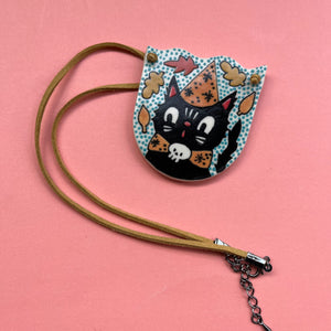 Ceramic Hand Built Necklace Halloween Cat