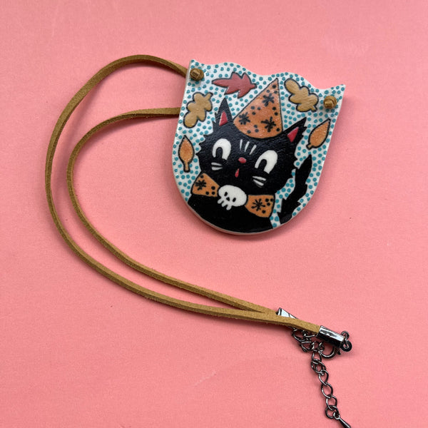 Ceramic Hand Built Necklace Halloween Cat