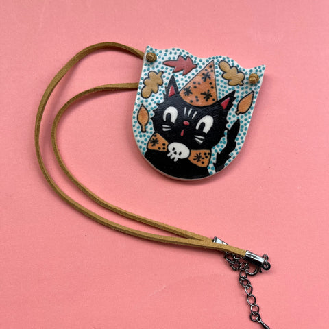 Ceramic Hand Built Necklace Halloween Cat