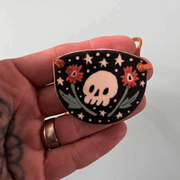 Ceramic Hand Built Necklace Skull Flowers