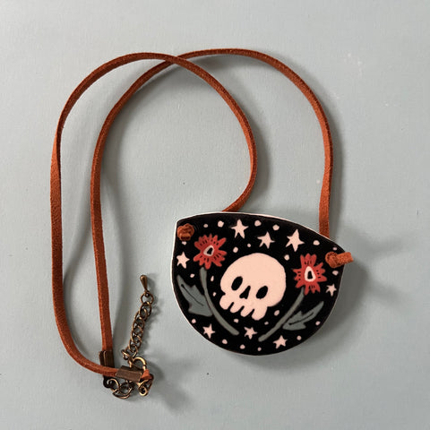 Ceramic Hand Built Necklace Skull Flowers
