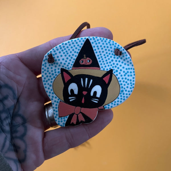 Ceramic Hand Built Necklace Witch Cat