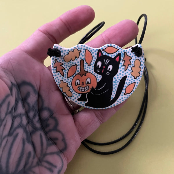 Ceramic Hand Built Necklace Cat Pumpkin
