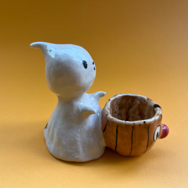 Ceramic Hand Built Ghost Pumpkin Figure