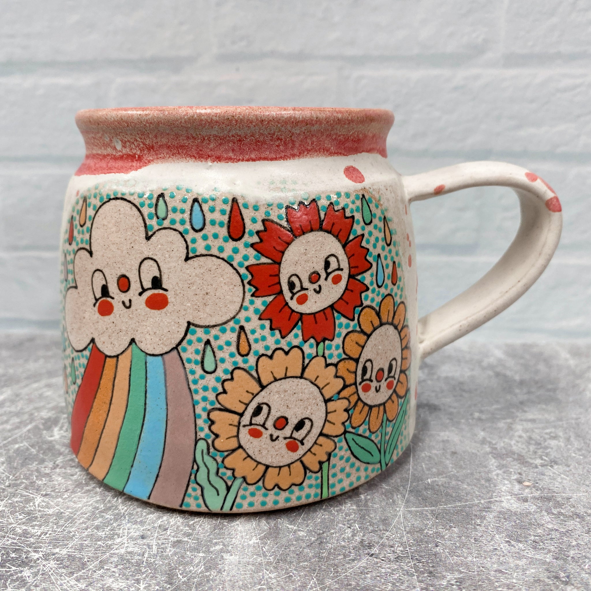 Ceramic Wheel Thrown Rainbow Cloud Flower Mug 16oz