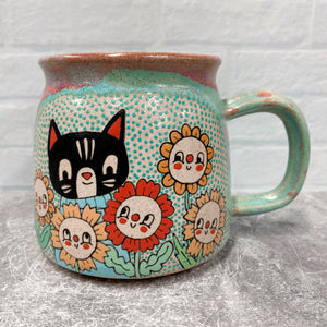 Ceramic Wheel Thrown Cat Flowers Mug 20oz